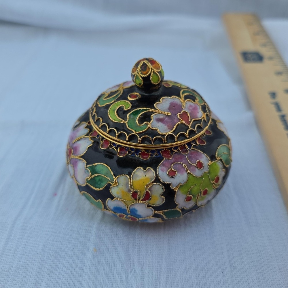 Cloisonne Floral Jar Candle Small Lidded Metal Enamel Multicolor Decor Accent - Picture 5 of 9